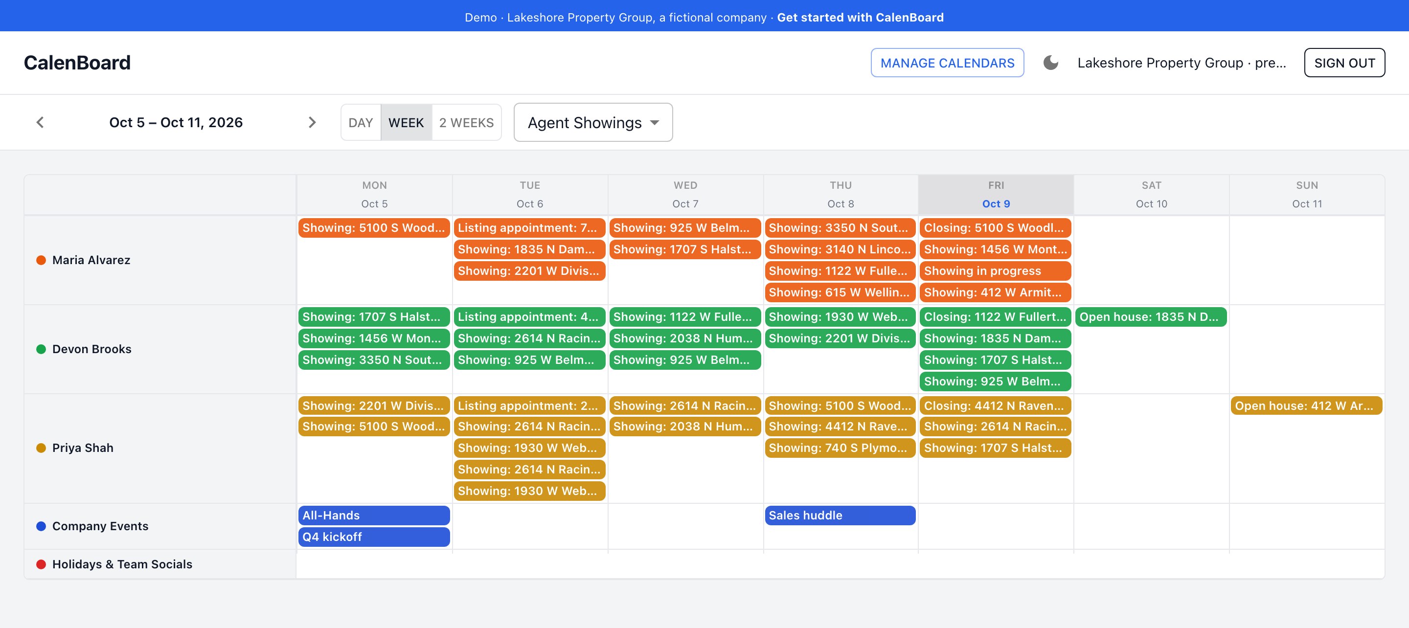 The same agents on the Agent Showings display, with Tentative events hidden